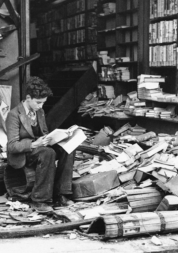 Bookstore in London ruined by an air raid, 1940 Bookstore in London ruined by an air raid, 1940