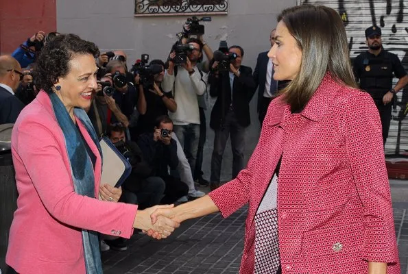 Queen Letizia wore Atos Lombardini Coat and Queen Letizia wore Uterque Black leather pants, Magrit pumps at Banderita Day 2018