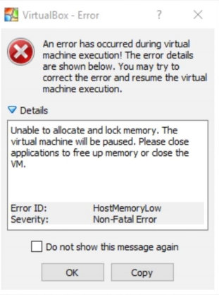 Problem occurred during. VIRTUALBOX Error in supr3hardenedwinrespawn. Unable to allocate Overplay area Memory.