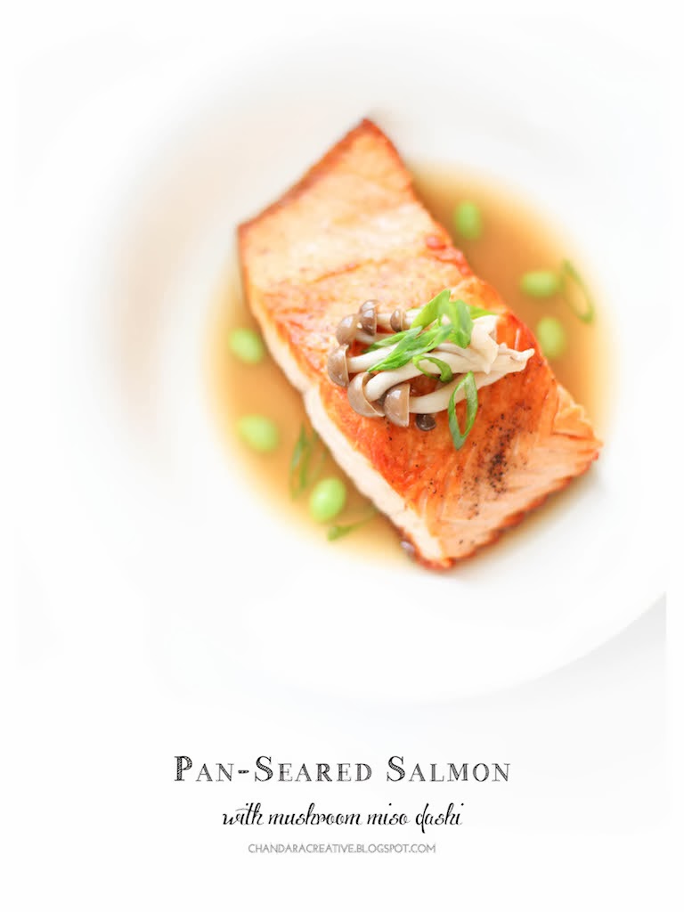 Pan-Seared Salmon with Mushroom-Miso Dashi | via Chandara Creative