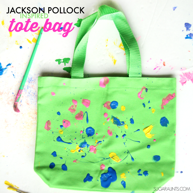 Jackson Pollock inspired tote bag art for second graders (or any age!) that wants to explore Pollock's use of movement, balance, and control in his painting technique. Create a unique and creative art project, too!
