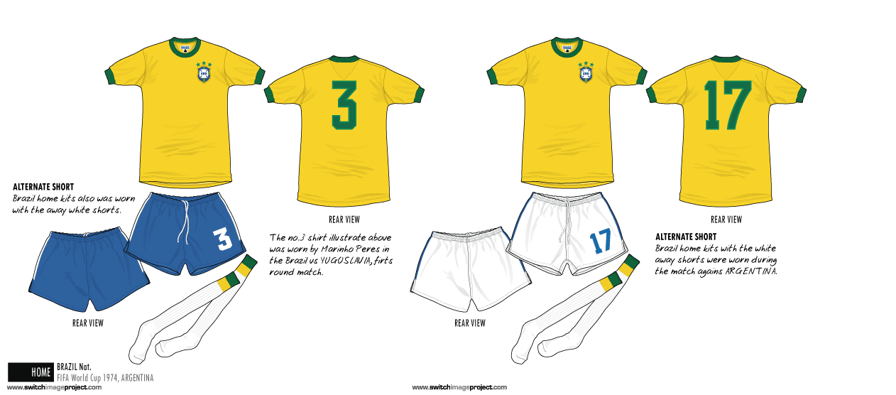 Football teams shirt and kits fan Brazil World Cup 1974 home kits