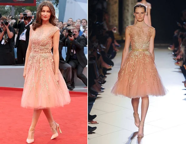 Laetitia Casta wore Elie Saab dress from Fall 2012 Couture collection. Her pretty peach tulle dress with an a-line skirt