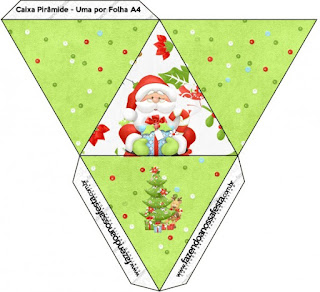 Santa en Fondo Verde: Cajas para Imprimir Gratis. Caja con forma de pirámide de Santa en Fondo Verde.