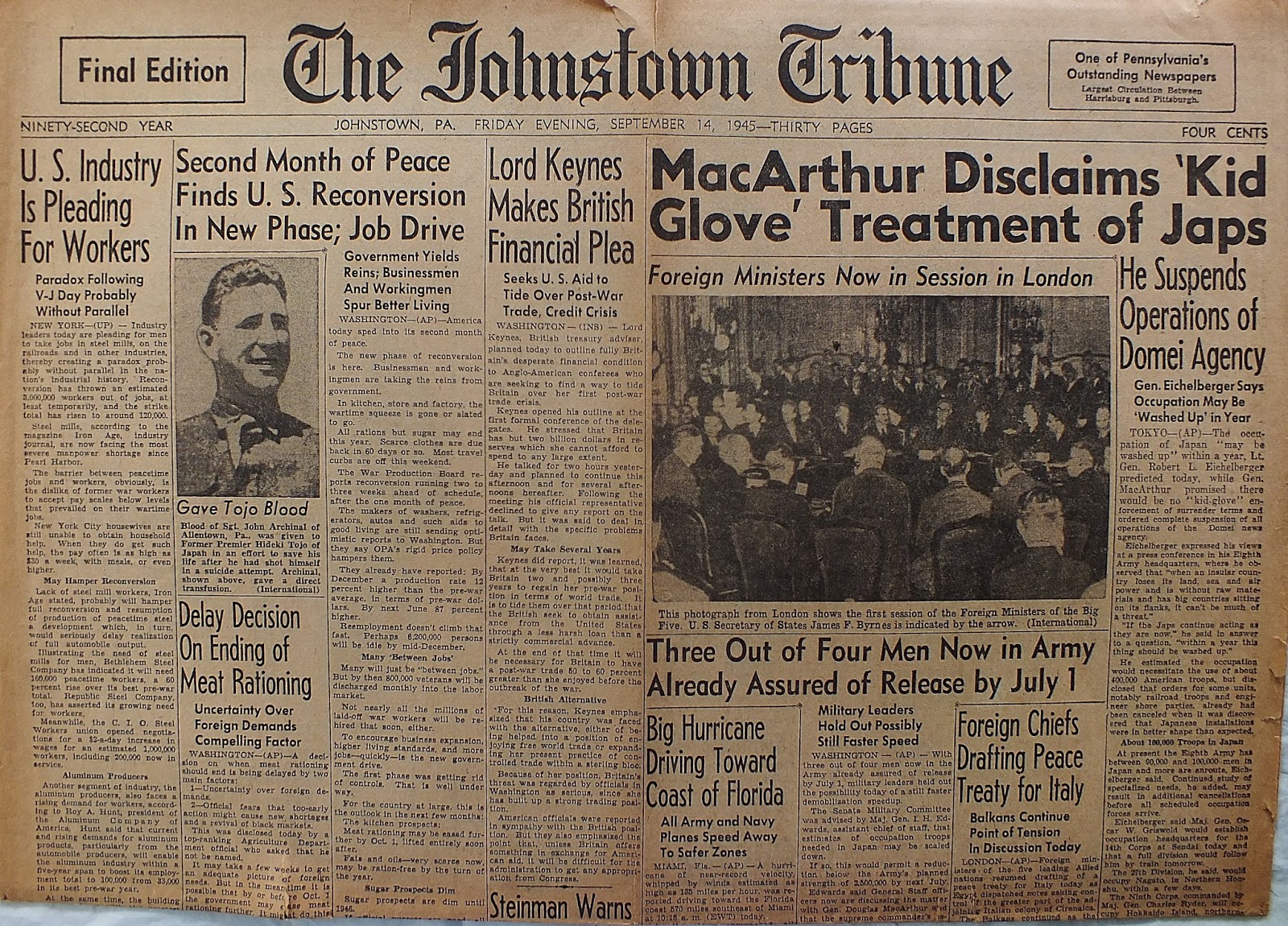 Vintage Johnstown September 14, 1945 MacArthur Disclaims 'Kid Glove