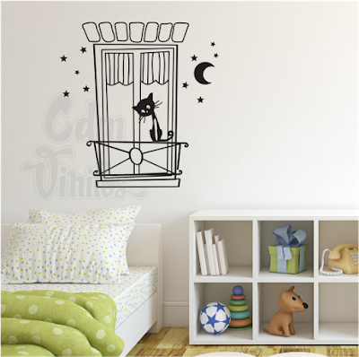vinilo decorativo dormitorio gato ventana balcon infantil
