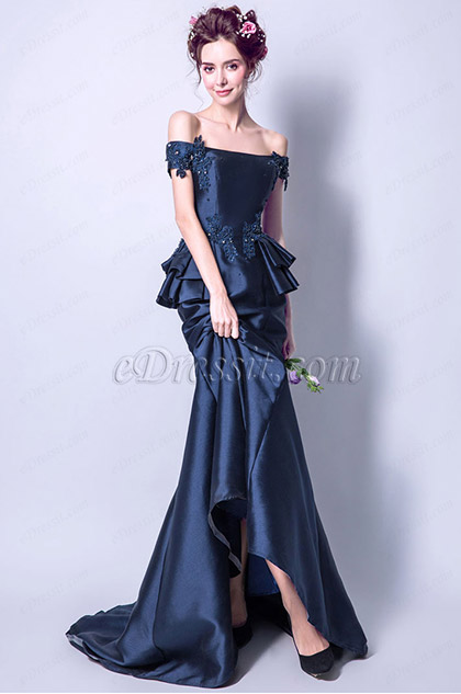 off the shoulder navy blue mermaid evening gown
