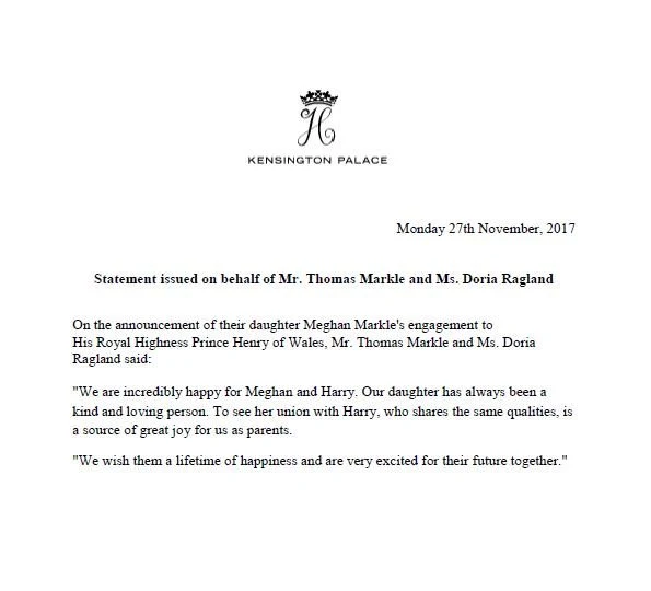 According to the statement made by Clarence House, it is said that Prince of Wales is delighted to announce the engagement of Prince Harry to Ms. Meghan Markle