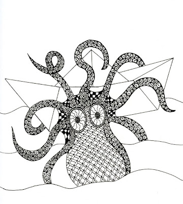 ink drawing of an octopus attacking a paper boat