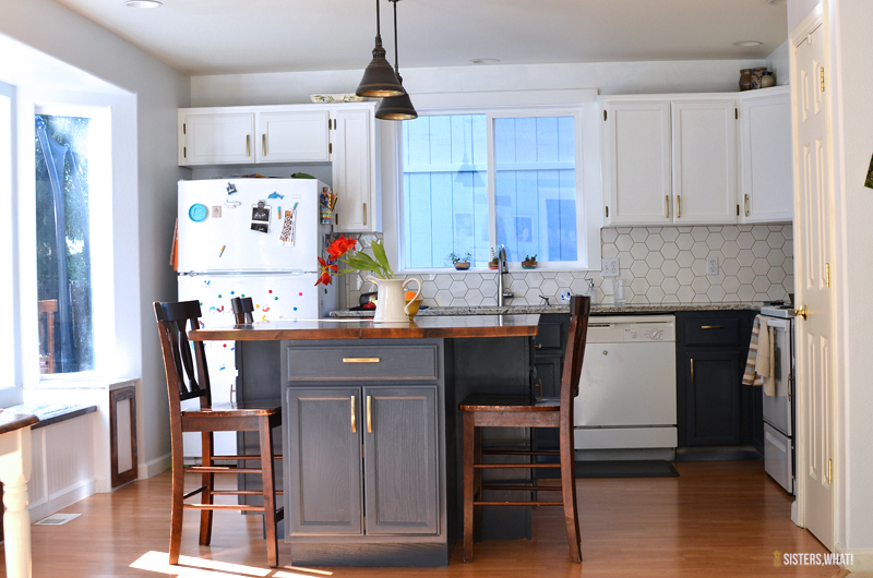 a two toned diy kitchen remodel with hexagon tiles - sisters, what! a two toned diy kitchen remodel with hexagon tiles - sisters, what!