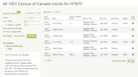 Search results from Ancestry for H?n?y of Niagara Falls in the 1921 Census of Canada