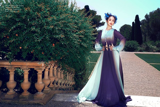 Elle Taiwan September 2015, Ariel Lin 林依晨 Roberto Cavalli 2015 AW Color Gradient Chiffon Dress Editorials
