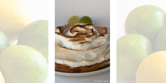 fotografias de limas y limones y de una tarta de limón con merengue