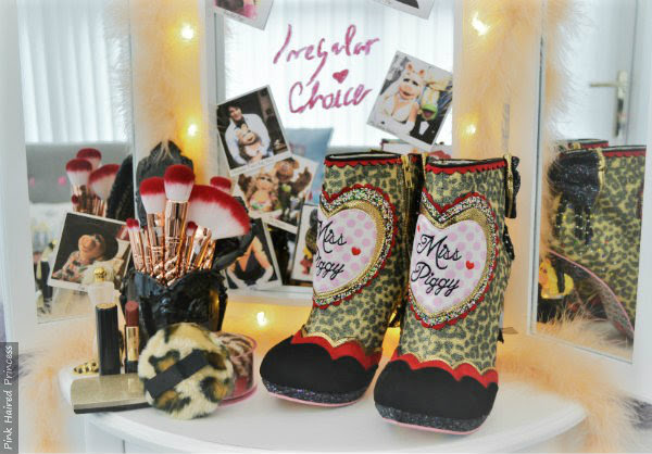 Irregular Choice Disney Muppets Fierce Piggy boots vanity Irregular Choice Disney Muppets Fierce Piggy boots backstage dressing table scene with mirror
