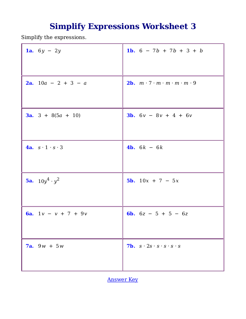 Worksheets for simplifying expressions Throughout Simplifying Expressions Worksheet With Answers