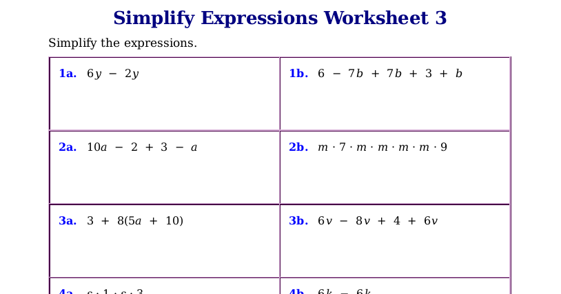 Worksheets for simplifying expressions