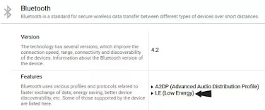 Tela com especificações detalhadas de Bluetooth do site Device Specifications