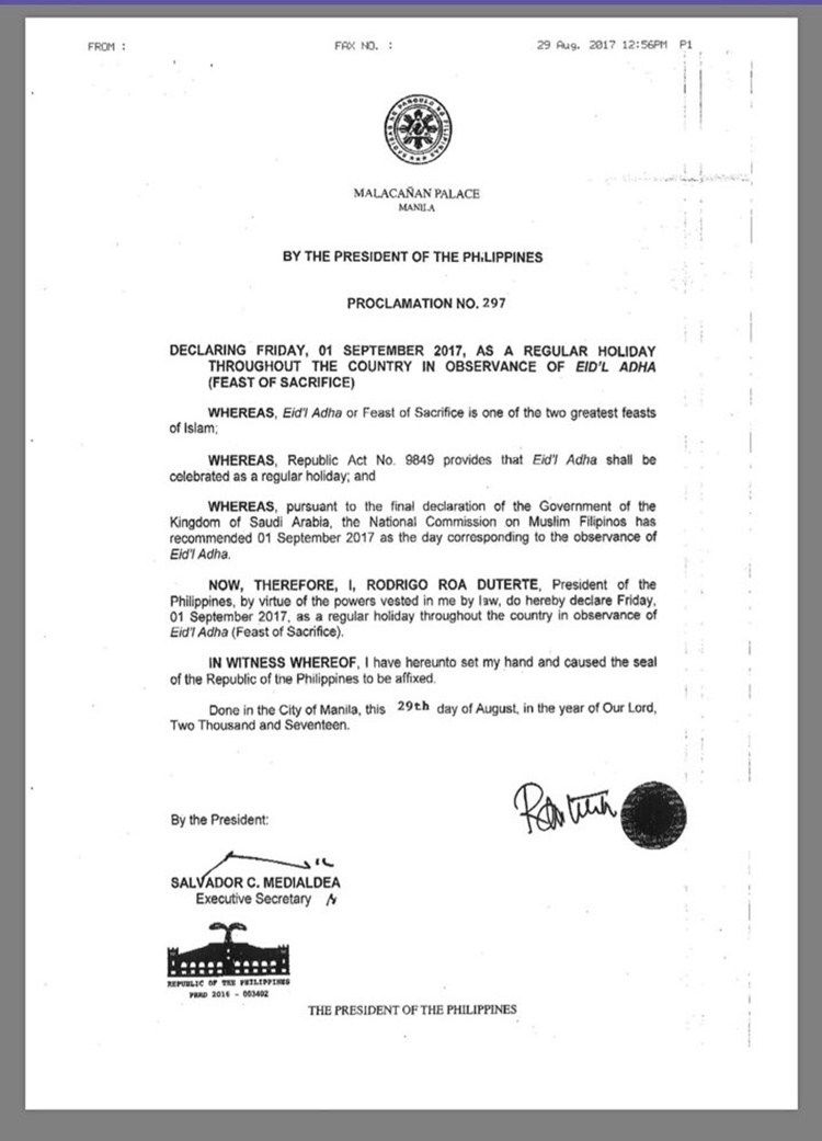 Malacañang Palace Declares Sept.1 As Regular Holiday (In Observance Of