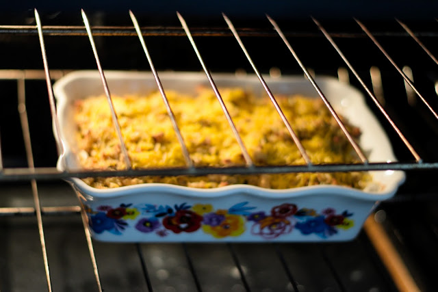 The Chicken and Stuffing Casserole in the oven. 