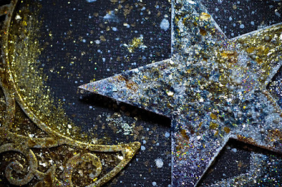 Never Lose Your Shine: Encrusted Jewel Technique Mixed Media Layout Scrapbook layout challenge - black cardstock background with stars, mixed media with heat embossed chipboard, mica flakes, glitter, blue fern studios chipboard, signo pen doodling, paint splatters, in gold, silver, black, and white with moon and stars using encrusted jewel technique from stampendous