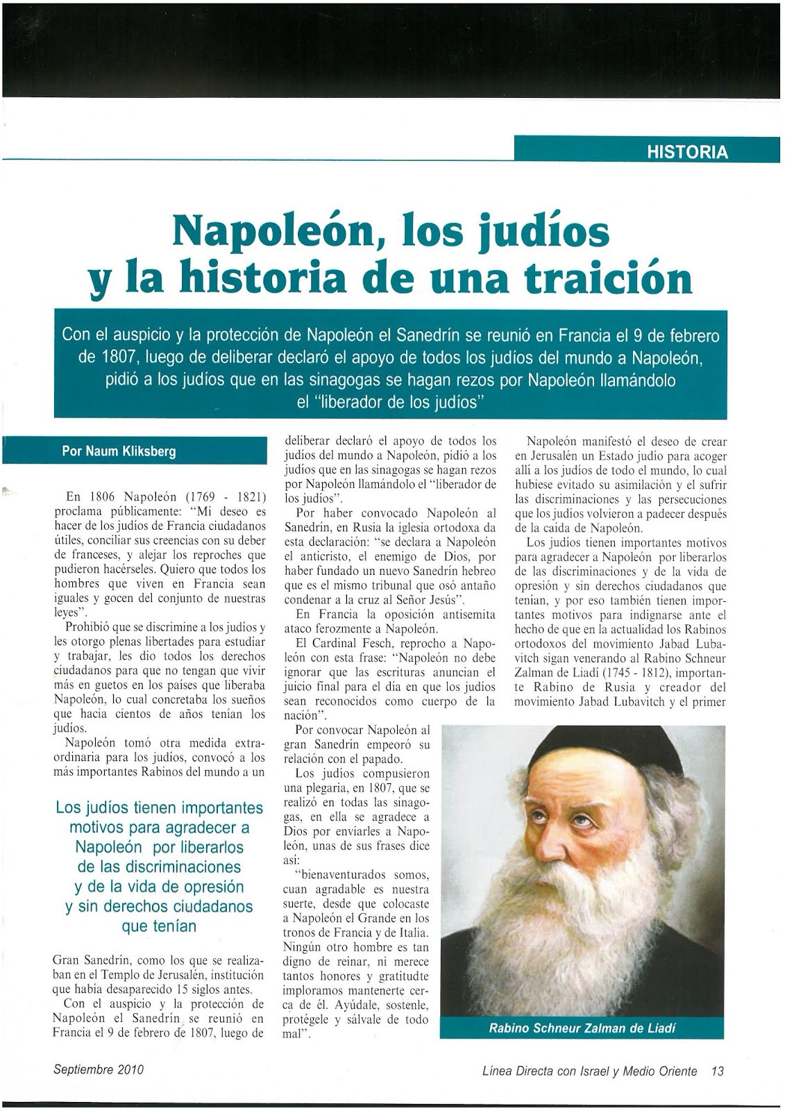 50 - Revista Israelí Linea Directa con Israel y Medio Oriente.09/2010. Artículo de Naum Kliksberg.