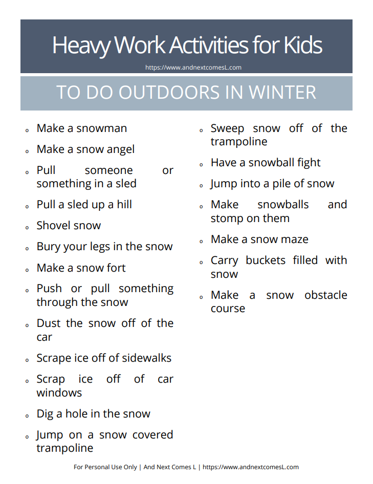 Free printable list of winter themed heavy work activities for kids
