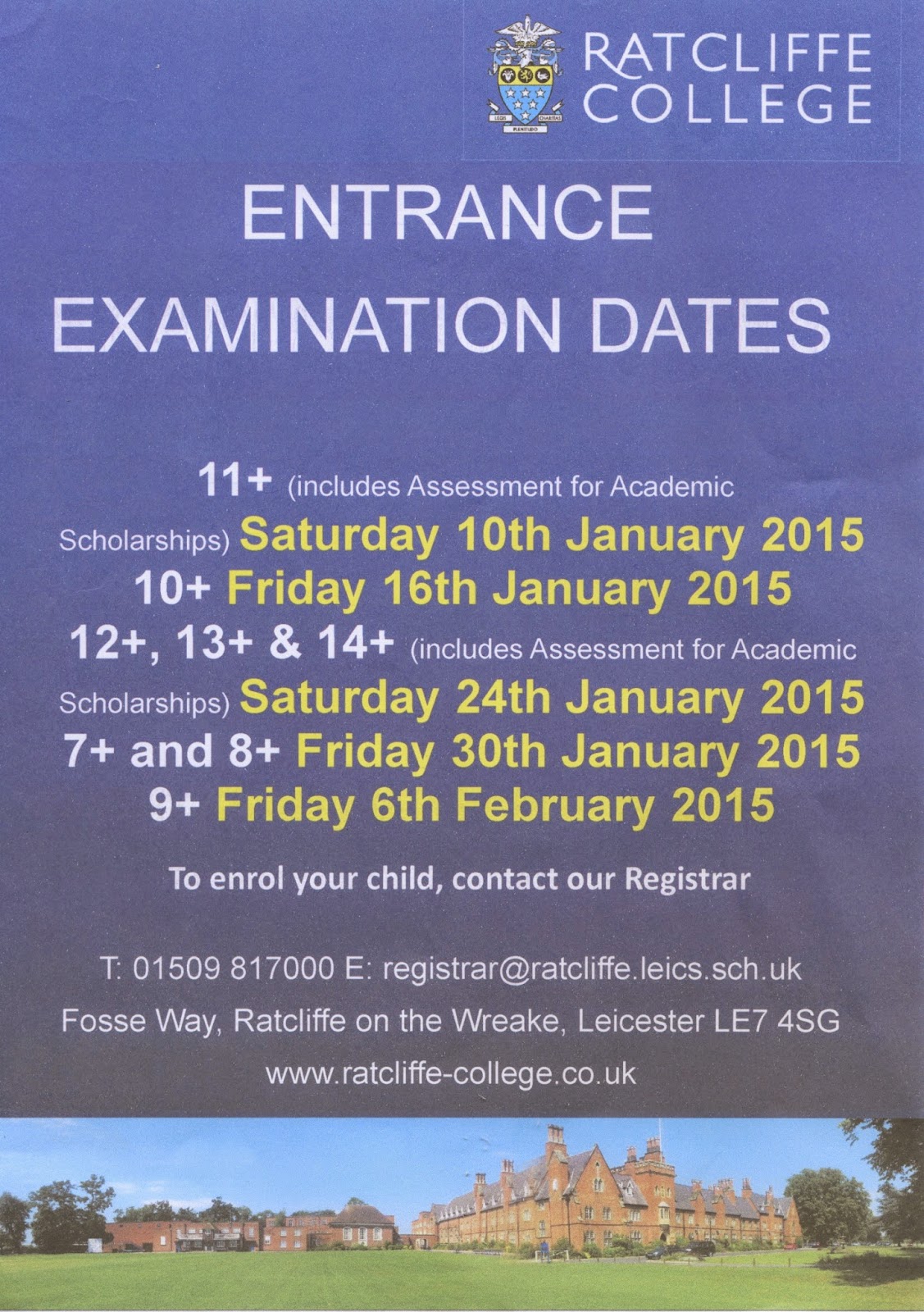 St Wilfrid's, Coalville and Holy Cross, Whitwick Entrance Exam Dates
