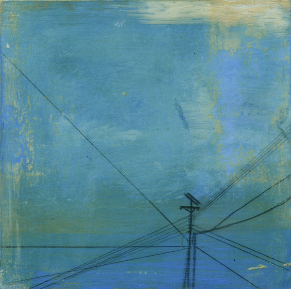 Powerline Cube 1 Oil painting mixed media art work with blue sky by Louisiana artist George Marks