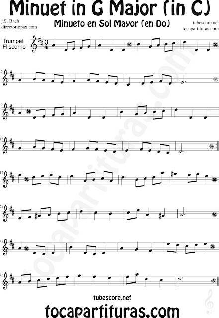  Partitura del Minueto en Do Mayor (para piano duo) de Bach para Trompeta y Fliscorno Minuet in C Major Sheet Music for Trumpet and Flugelhorn by Bach Music Scores