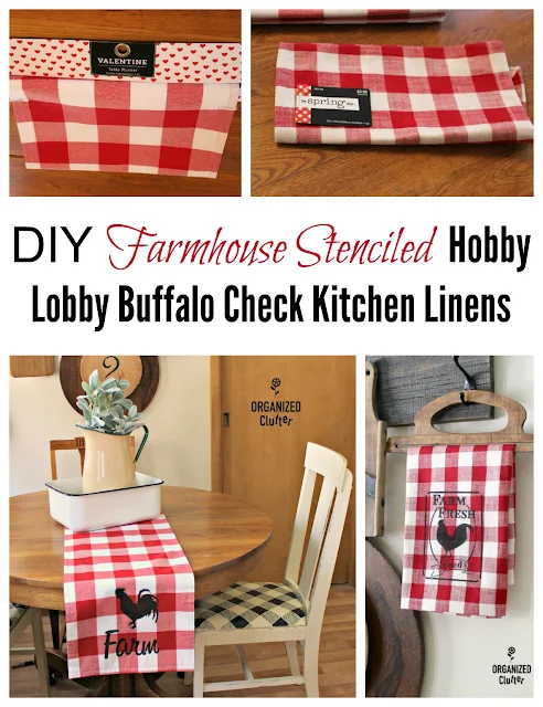 DIY Farmhouse Style Stenciled Hobby Lobby Buffalo Check Kitchen Linens #farmhouse #buffalocheck #buffaloplaid #tablerunner #stencil #rooster #feedsack #hobbylobby #fusionmineralpaint
