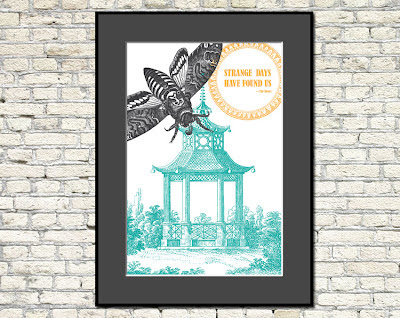 vintage pagoda and moth illustrations with text
