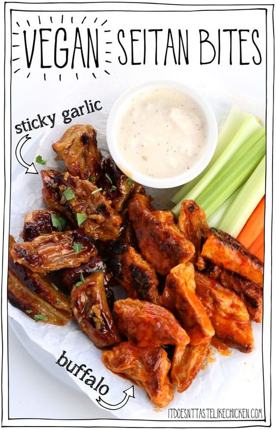 Vegan Chicken Wings!!!! Vegan seitan bites made in two flavours, sticky garlic and buffalo sauce. This classic bar food served with vegan blue cheese dip and all! Make ahead recipe. Perfect for Superbowl Sunday, game night, or a party appetizer. #itdoesnttastelikechicken #veganrecipes #vegan