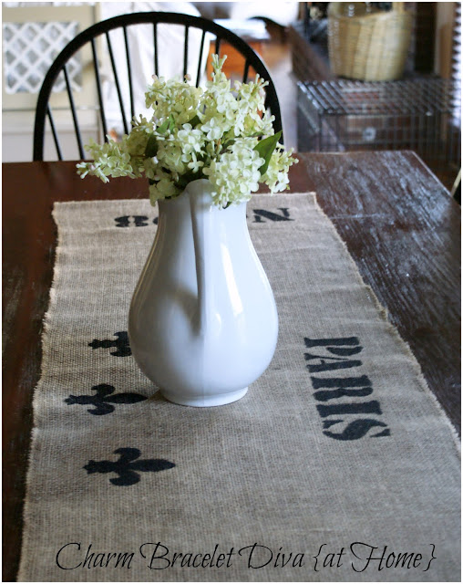 vintage ironstone pitcher hydrangeas farmhouse table stencilled burlap table runner