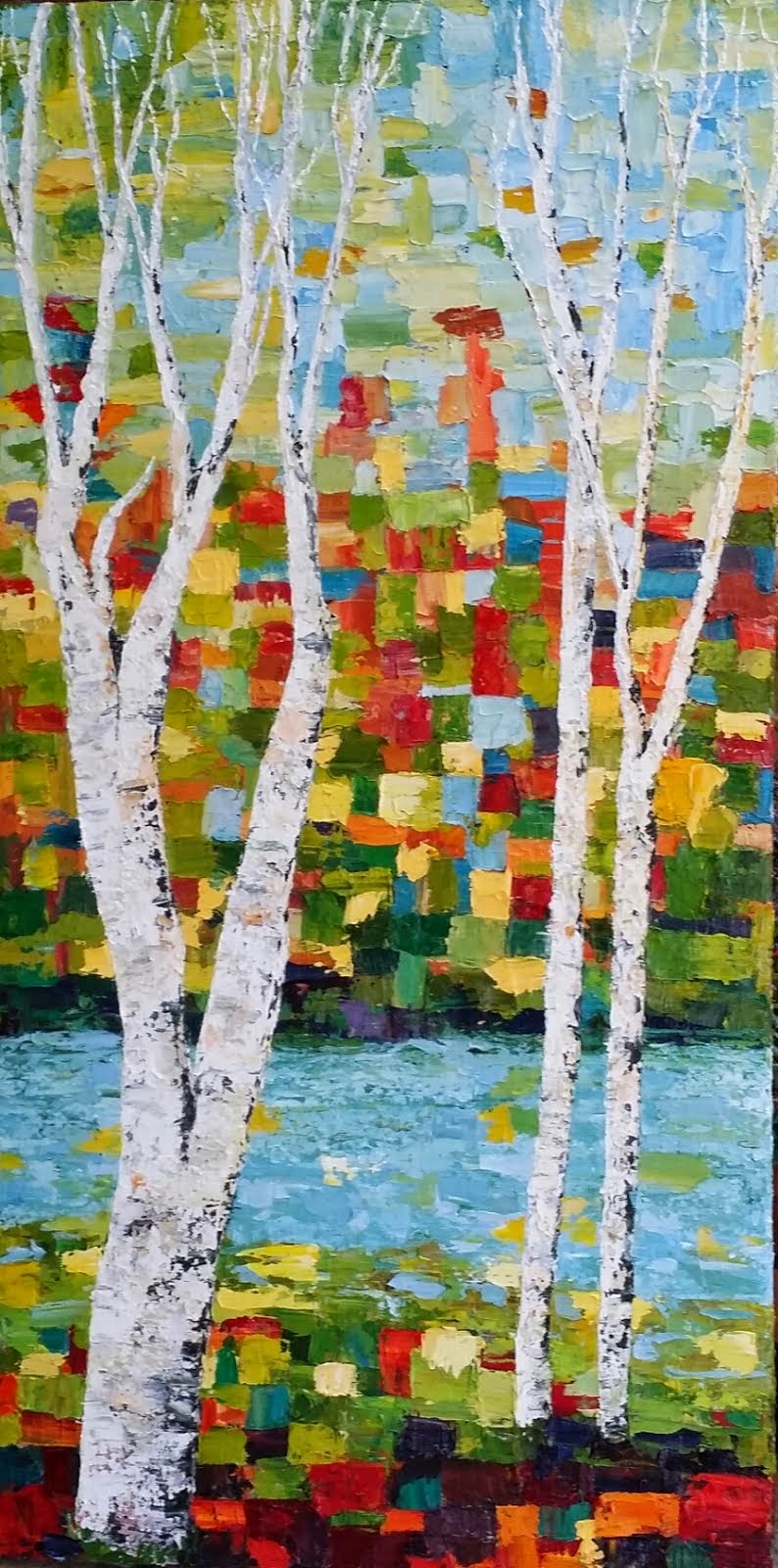 Two Tall Mosaic Birch Paintings