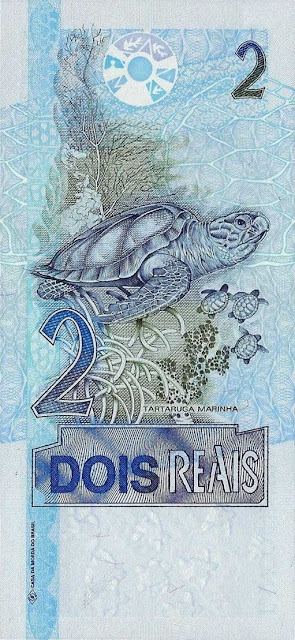 Brazil Currency 2 Reals banknote 2001 Sea Turtles swimming among corals and starfish