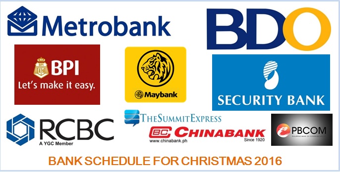 Bank Schedule for Christmas Holidays 2016, New Year