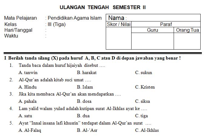 Download Kumpulan Soal UTS SD/MI Kelas 3 Semester 2 Mata Pelajaran