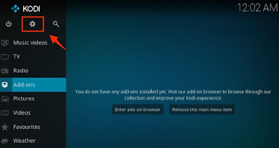 Choose the settings option on Kodi Choose the settings option on Kodi