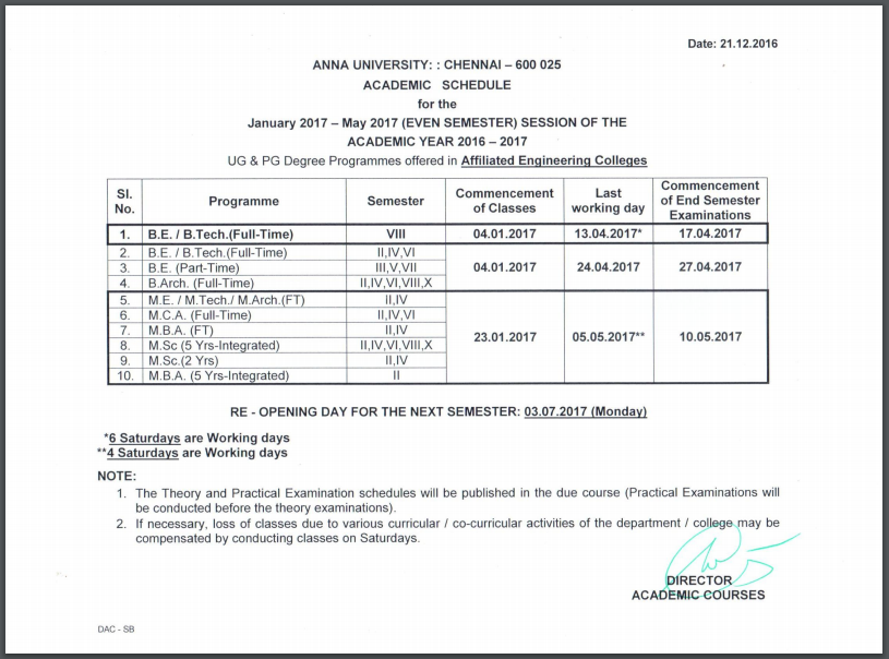Anna University Affiliated Institutions UG & PG EVEN Semester