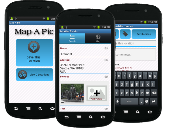 Schermate dell'applicazione per Andorid Map-A-Pic