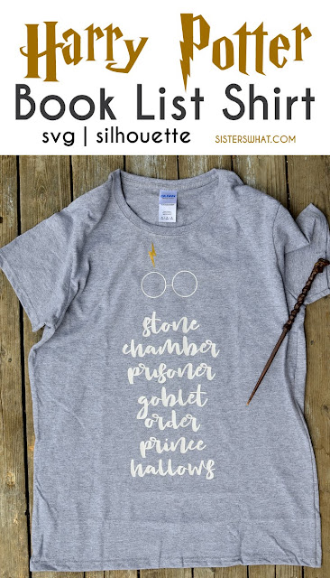 a fun DIY Harry Potter book list shirt using heat transfer vinyl with free svg and silhouette files