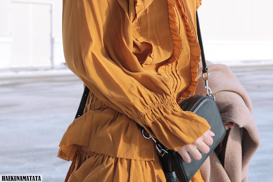 Ulla Johnson Ruffle Dress, Madewell Shawl Sweater coat, Marc Jacobs Shutter Bag, Knee High Boots Blogger Style OOTD Ulla Johnson Ruffle Dress, Madewell Shawl Sweater coat, Marc Jacobs Shutter Bag, Knee High Boots Blogger Style OOTD