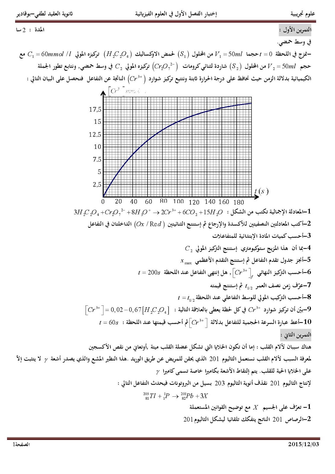 اختبار الأول في الفيزياء مع التصحيح للسنة الثالثة الثانوي شعبة العلوم التجريبية اختبار الأول في الفيزياء مع التصحيح للسنة الثالثة الثانوي شعبة العلوم التجريبية