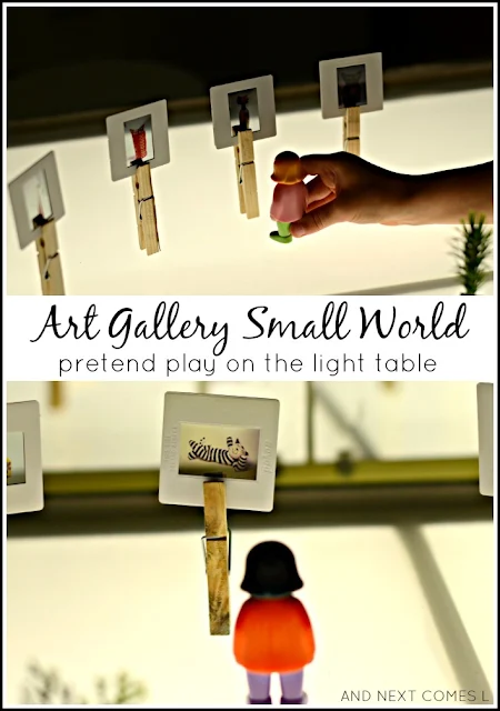 Art gallery small world sensory play - a cute pretend play idea for kids on the light table from And Next Comes L