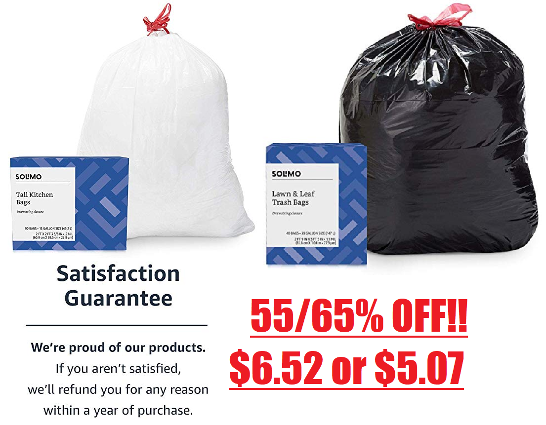 EXPIRED!! 55/65 OFF AMAZON TRASH BAGS! 120ct Solimo Tall Kitchen