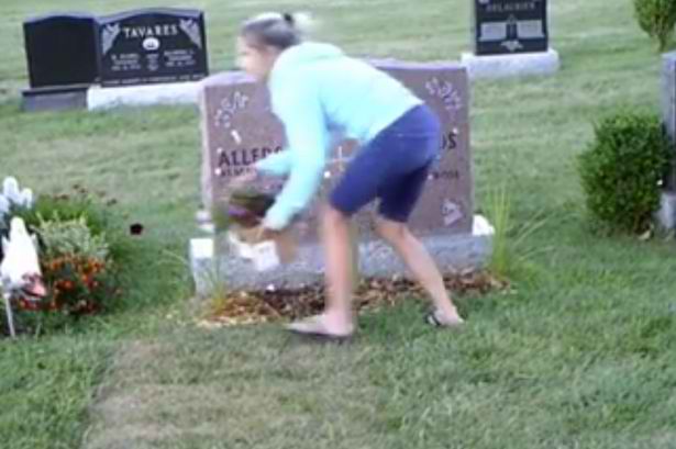 A Yet unidentified woman was captured by a hidden camera installed near the grave was seen stealing flowers and stuff from the grandmother's grave
