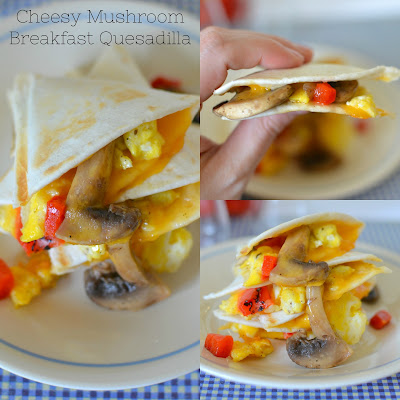 Cheesy Mushroom Breakfast Quesadilla Recipe from Hot Eats and Cool Reads! These delicious mushroom quesadillas are packed with scrambled eggs, roasted red peppers and shredded cheddar cheese! Such a great way to start the day!
