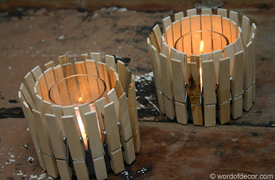 Diy con un portavelas con pinzas de la ropa para decoración
