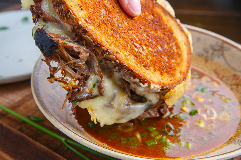 Pot Roast Grilled Cheese French Dip Sandwich with Spicy Miso Au Jus