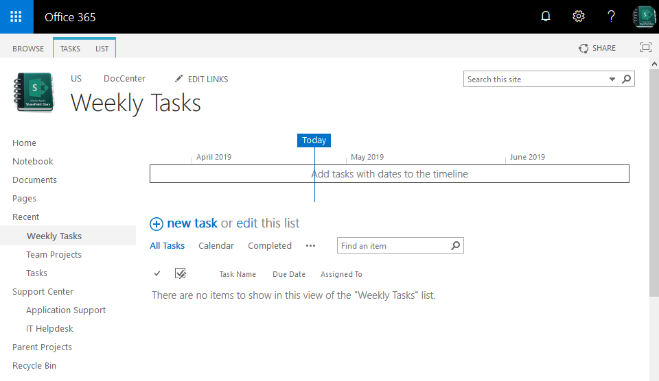 sharepoint online task list modern experience